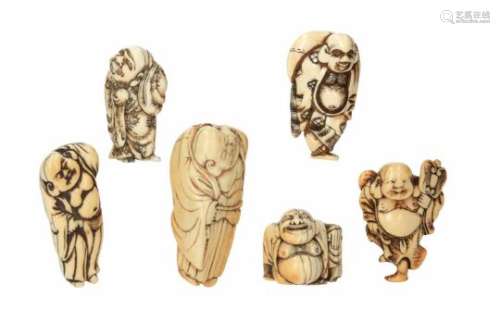 Lot of six netsuke, 1) ivory, lying Hotei. L. 6 cm. 2) ivory, standing Hotei with tama pearl. H. 5
