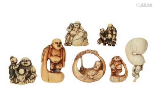Lot of seven netsuke, 1) ivory, Hotei carrying his bag on his head. H. 6.5 cm. 2) ivory, standing