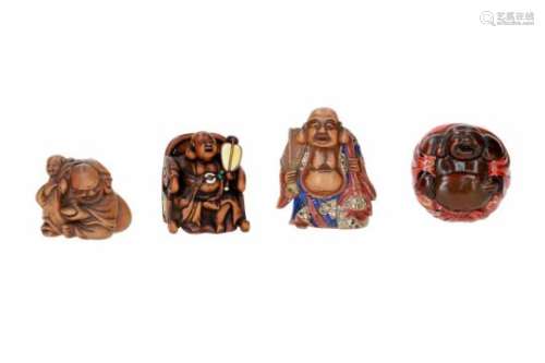 Lot of four netsuke, 1) painted wood, standing Hotei. Signed Shuzan. H. 4.5 cm. 2) wood and red