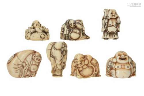 Lot of seven netsuke, 1) ivory, Hotei with bag looking up. H. 5 cm. 2) ivory, Hotei with karako in