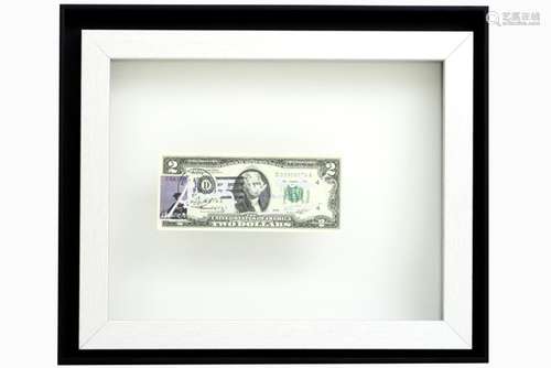 Andy Warhol handsigned two dollar note with on the back a 'Warhol' stamp - - [...]