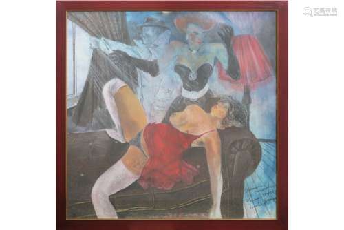 20th Cent. Belgian mixed media (with pastel, charcaol and acryl) on canvas - signed [...]