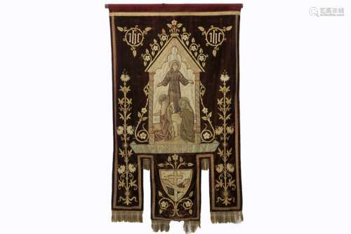 two antique church banner with brocade and with the representation of 