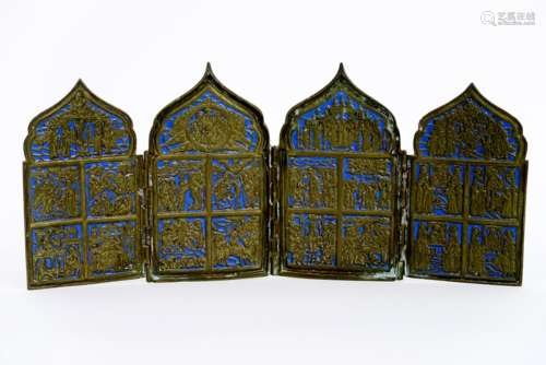 antique Russian traveller's icon with four panels in bronze - - Antieke Russische [...]