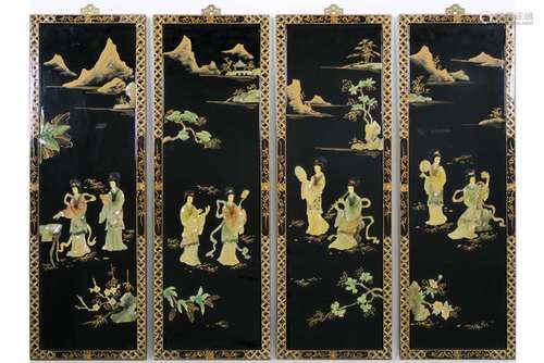 series of four Chinese panels in black lacquer with incrustation of semi-precious [...]