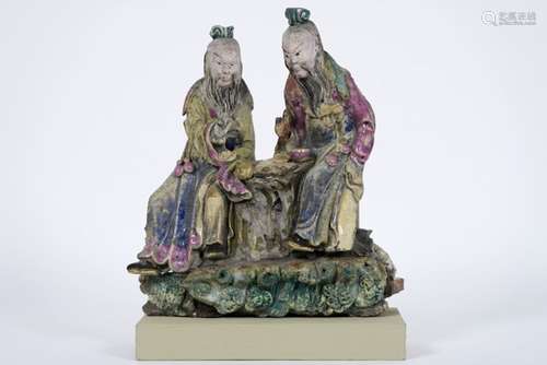 antique Chinese Qing dynasty polychromed porcelain roof ornament with two men playing [...]