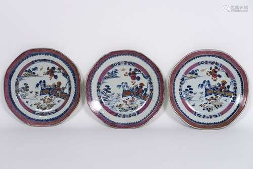 series of three 18th Cent. Chinese plates in porcelain with polychrome garden-decor [...]