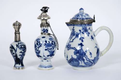 three 18th Cent. Chinese items in porcelain with blue-white decor and with silver [...]