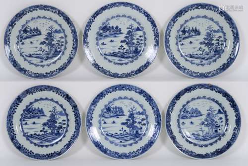 series of six 18th Cent. Chinese plates in porcelain with blue-white landscape decor [...]