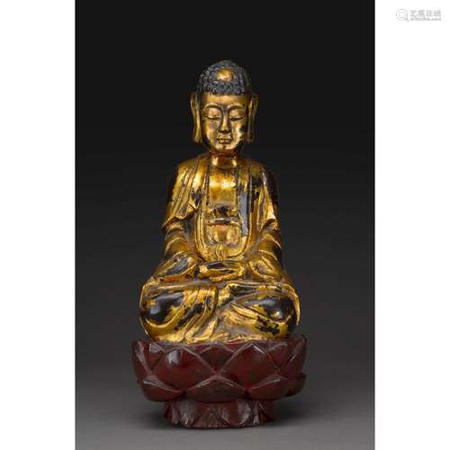 STATUE DU BOUDDHA SHAKYAMUNI en bois laqué