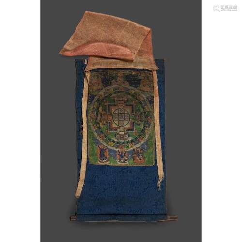 PETIT THANGKA peint en couleurs sur textile, représentant le mandala de Yamantaka, surmonté de Tsongkhapa et deux lamas ; Yama...