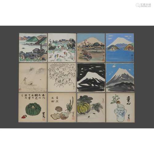 SÉRIE DE ONZE AQUARELLES ET LITHOGRAPHIES sur papier et soie, marouflées sur carton, représentant des vues du Japon, légumes e...