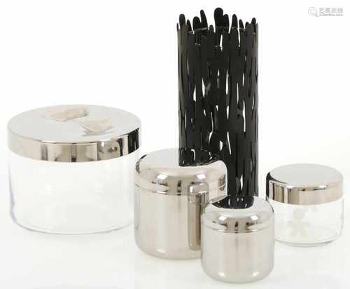 A lot with (4) Alessi storage canisters together with a Michel Bouquillon vase.