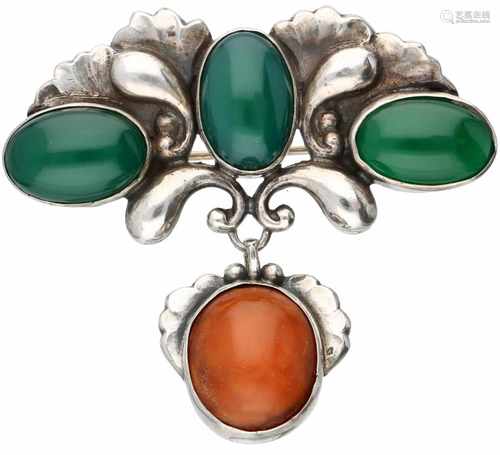 Zilveren Georg Jensen Art Nouveau broche no. 152, met barnsteen en chrysopraas - 830/1000.