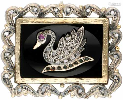 Goud/zilveren hanger/broche, met diamant, smaragd, amethist en onyx - 18 kt. en 925/1000.