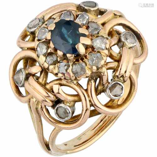 Geelgouden entourage ring, met diamant en (vermoedelijk synthetische) saffier - 18 kt.