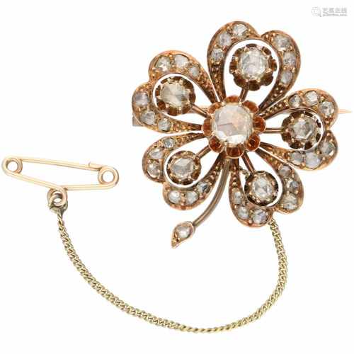 Roségouden bloemvormige broche, met diamant - 14 kt.