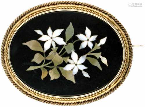 Pietra Dura broche van bloemvormig motief in onyx in een verguld zilveren montuur - 925/1000.