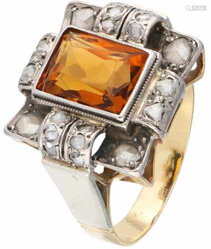 Bicolor gouden tankring, met diamant en (vermoedelijk synthetische) citrien - 18 kt.