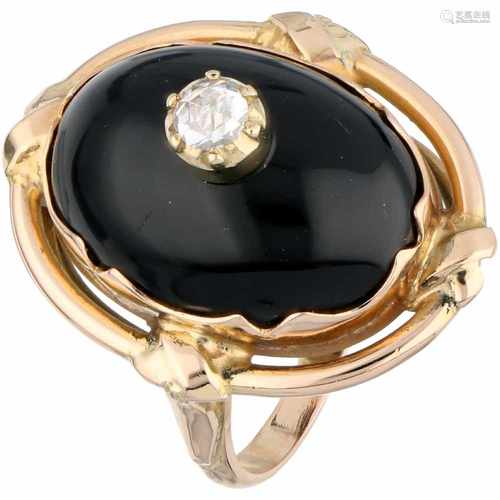 Geelgouden ring, met diamant en onyx - 14 kt.