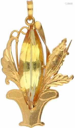 Geelgouden hanger/broche, met synthetische gele saffier - 20 kt.