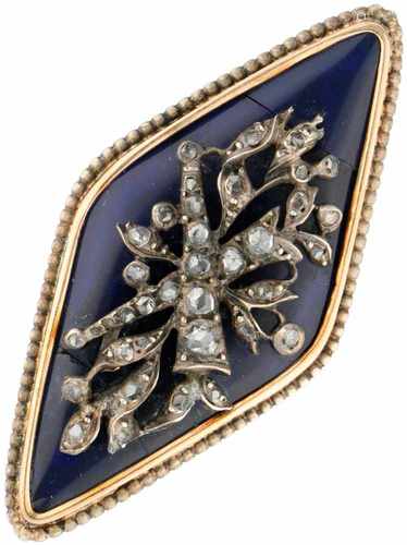 Geelgouden broche, met diamant en boheems glas - 14 kt.