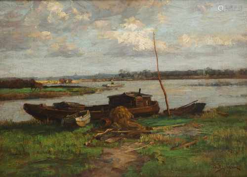 Anthony Abram van Bloppoel (Nieuwe Tonge 1879 - 1971 Rijswijk), Veenlandschap met platbodems.