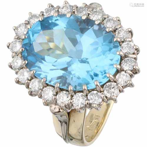 Bicolor gouden rozetring, met ca. 1.00 ct. diamant en blauwe topaas - 14 kt.