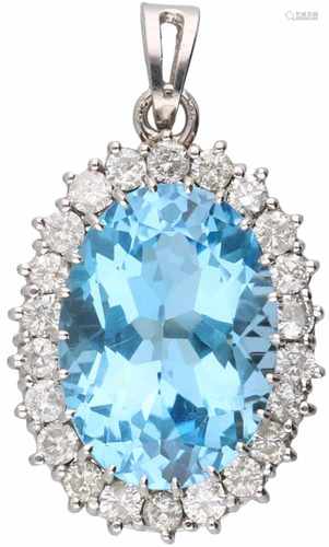 Witgouden rozet hanger, met ca. 1.32 ct. diamant en blauwe topaas - 14 kt.