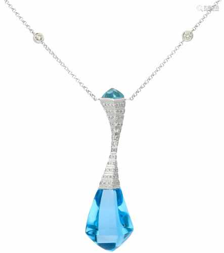 Witgouden klassiek collier, met ca. 0.36 ct. diamant en blauwe topaas - 18 kt.