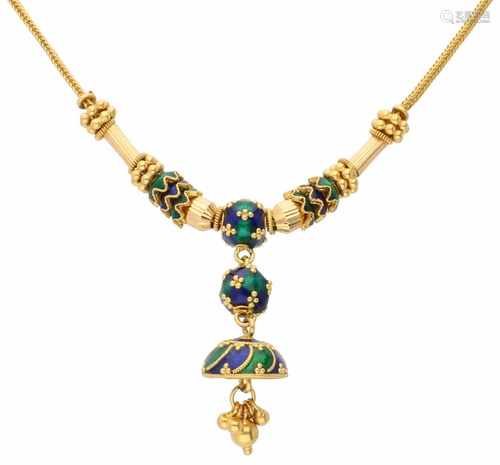 Geelgouden collier, met blauw/groene emaille - 20 kt.