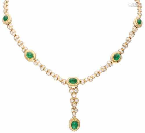 Geelgouden O.J. Perrin klassiek collier, met ca. 7.29 ct. diamant en natuurlijke smaragd - 18 kt.