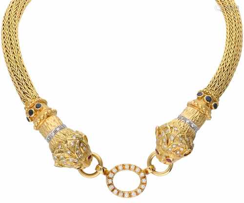 Grieks geelgouden Ilias Lalaounis choker, met ca. 0.70 ct. diamant, saffier en robijn - 18 kt.