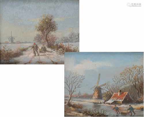 Hollandse School, 20e eeuw, Twee winterlandschapjes, olieverf op paneel.