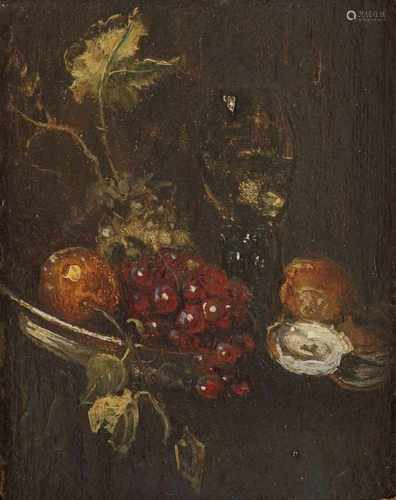 Navolger Antoine Vollon (Lyon 1833 - 1900 Parijs), Stilleven met oesters, roemer en fruit op een