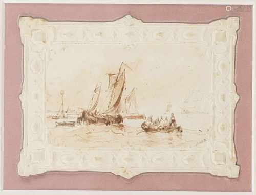 Anthony Waldorp (Den Haag 1802 - 1866 Amsterdam), Platbodems bij een havenhoofd.