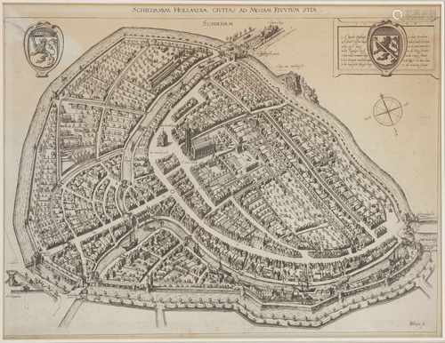 Jacob de Gheyn (II), Panorama en plattegrond van Schiedam, 1598, 1700 - 1800.