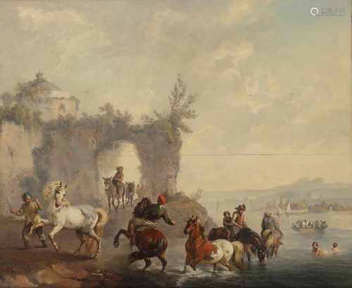 Navolger Claude Vernet (Avignon 1714 - 1789 Parijs), Paarden bij een rivier, een havenstad in de