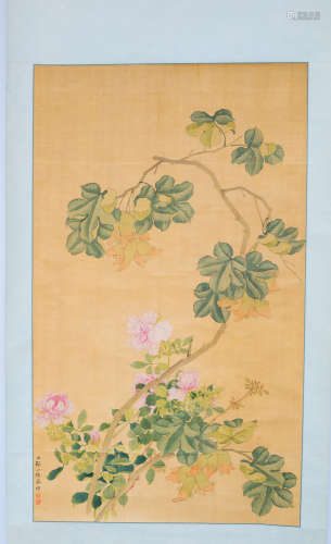 Qing Dynasty, Chinese scroll painting of peony flowers, by Zhou Yigui