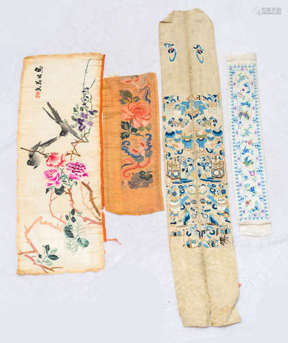 Qing Dynasty, 4 pieces Chinese ancient silk embroidery of flowers and birds