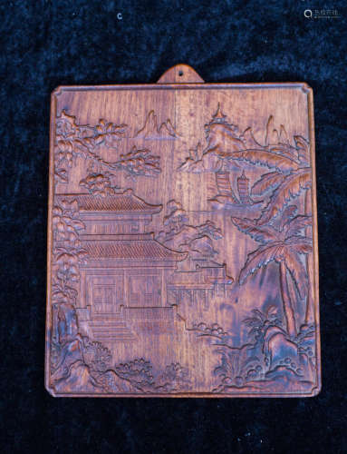 Hua Li carving figure and landscape wood plate
