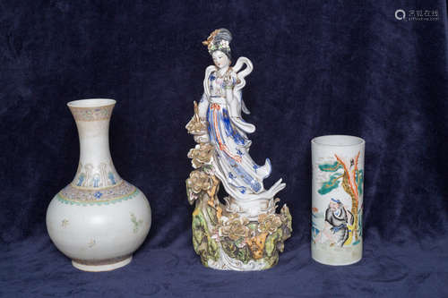 Chinese antique procelain vases and  fairy statue