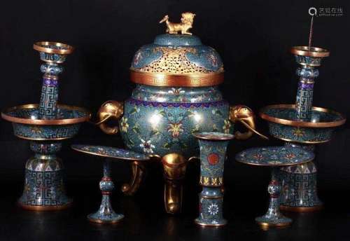 Qing Dynasty, A set of large Gilt bronze enamel LAO TIAN LI, WU GONG censers.