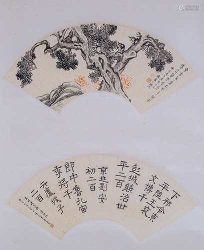 Two pieces of Chinese fan painting and calligraphy, by Ding Fuzhi, Huang Baowu