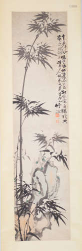 Chinese scroll painting of bamboo and stone, by Zhu Chan