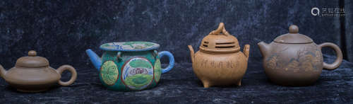 4 zi sha pottery teapots. one is marked by Gu Jing zhou