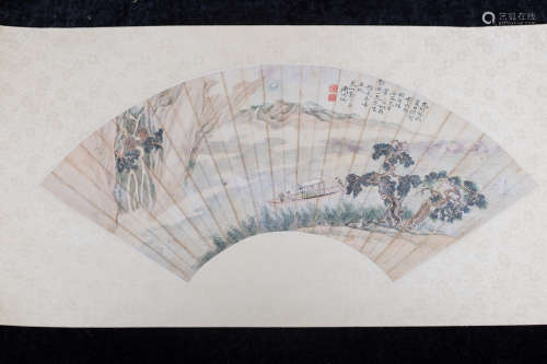 Qing Dynasty, Chinese antique fan painting , maked Zhou rubi