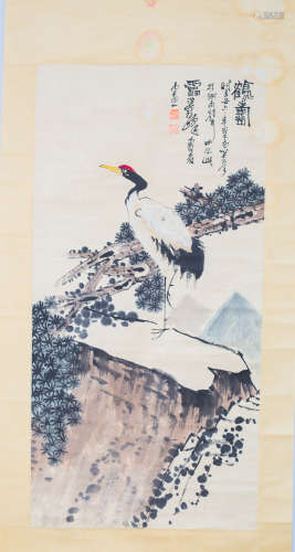 Chinese scroll painting of crane and pine tree
