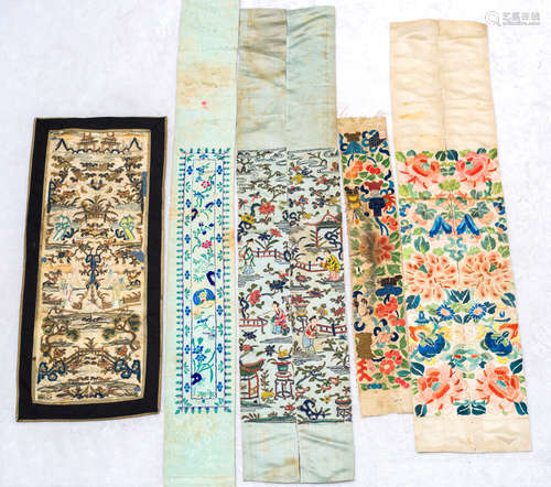 Qing Dynasty, 5 pieces Chinese ancient silk embroidery of figures and flowers