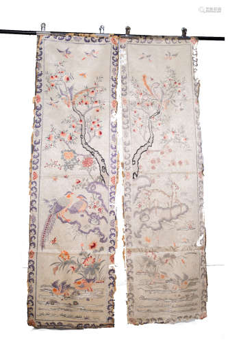 Qing Dynasty, A pair of Chinese ancient silk bird and flowers embroidery